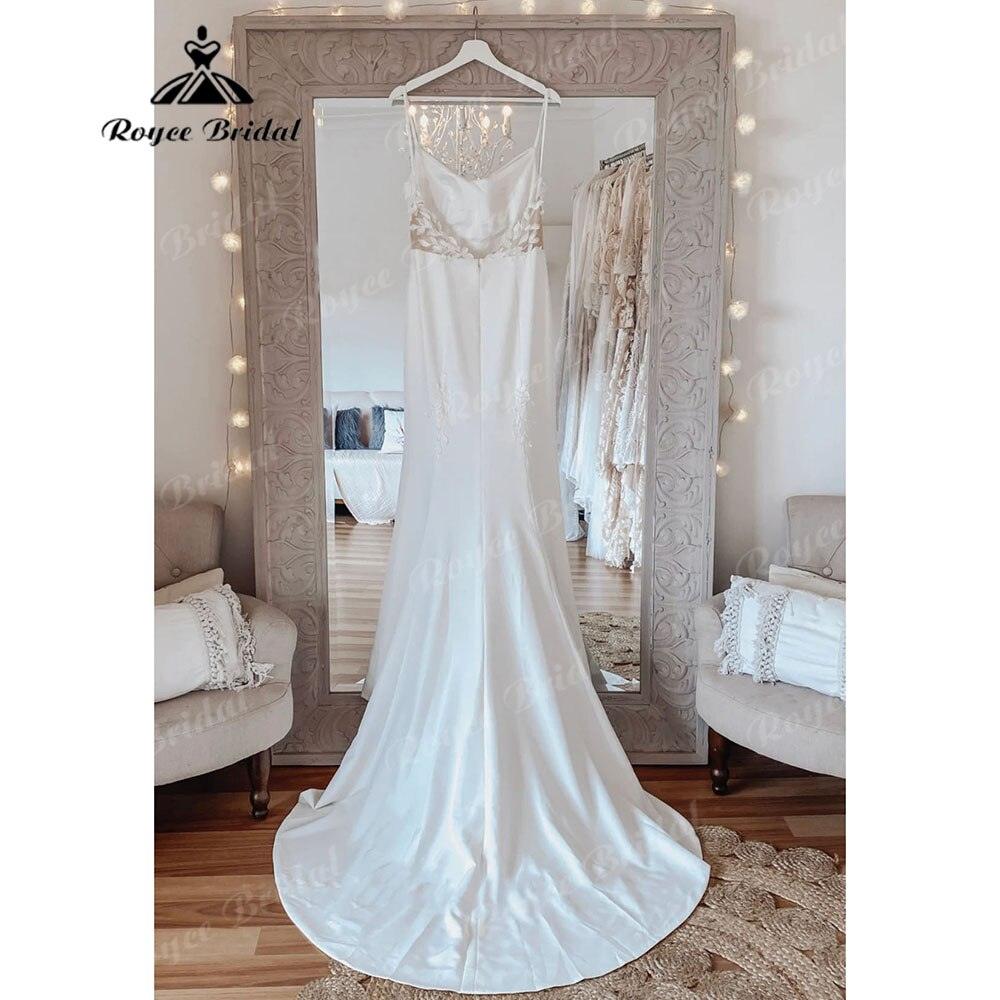 Sexy Meerjungfrau Spitze rückenfrei weiches Satin Damen Hochzeitskleid Spaghettiträger Brautkleider robe soirée mariage