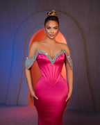 Vestidos de fiesta de satén con diamantes de imitación, sin mangas, con hombros descubiertos y corte sirena sexy