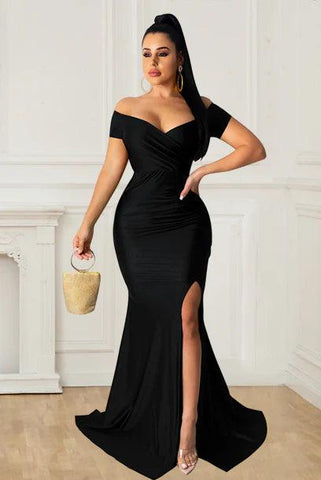 Robe de bal sexy grande taille à col en V et manches courtes fendues
