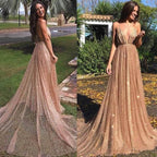 Vestidos de fiesta sexys con lentejuelas, tul, sin espalda, tirantes finos, cuello en V, largos