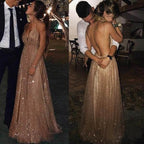 Vestidos de fiesta sexys con lentejuelas, tul, sin espalda, tirantes finos, cuello en V, largos