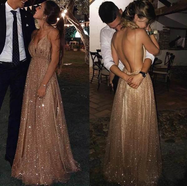 Vestidos de fiesta sexys con lentejuelas, tul, sin espalda, tirantes finos, cuello en V, largos