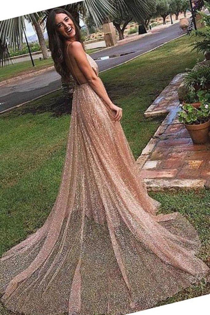 Vestidos de fiesta sexys con lentejuelas, tul, sin espalda, tirantes finos, cuello en V, largos