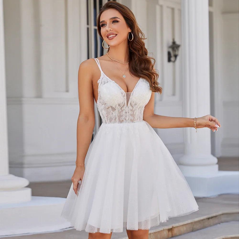 Sexy Short Wedding Dress Straps Beading Applique Mini Glitter Tulle Women Bridal