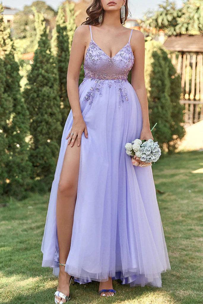 Vestidos de fiesta sexys de tul con tirantes finos, escote en V, cuentas y sin mangas