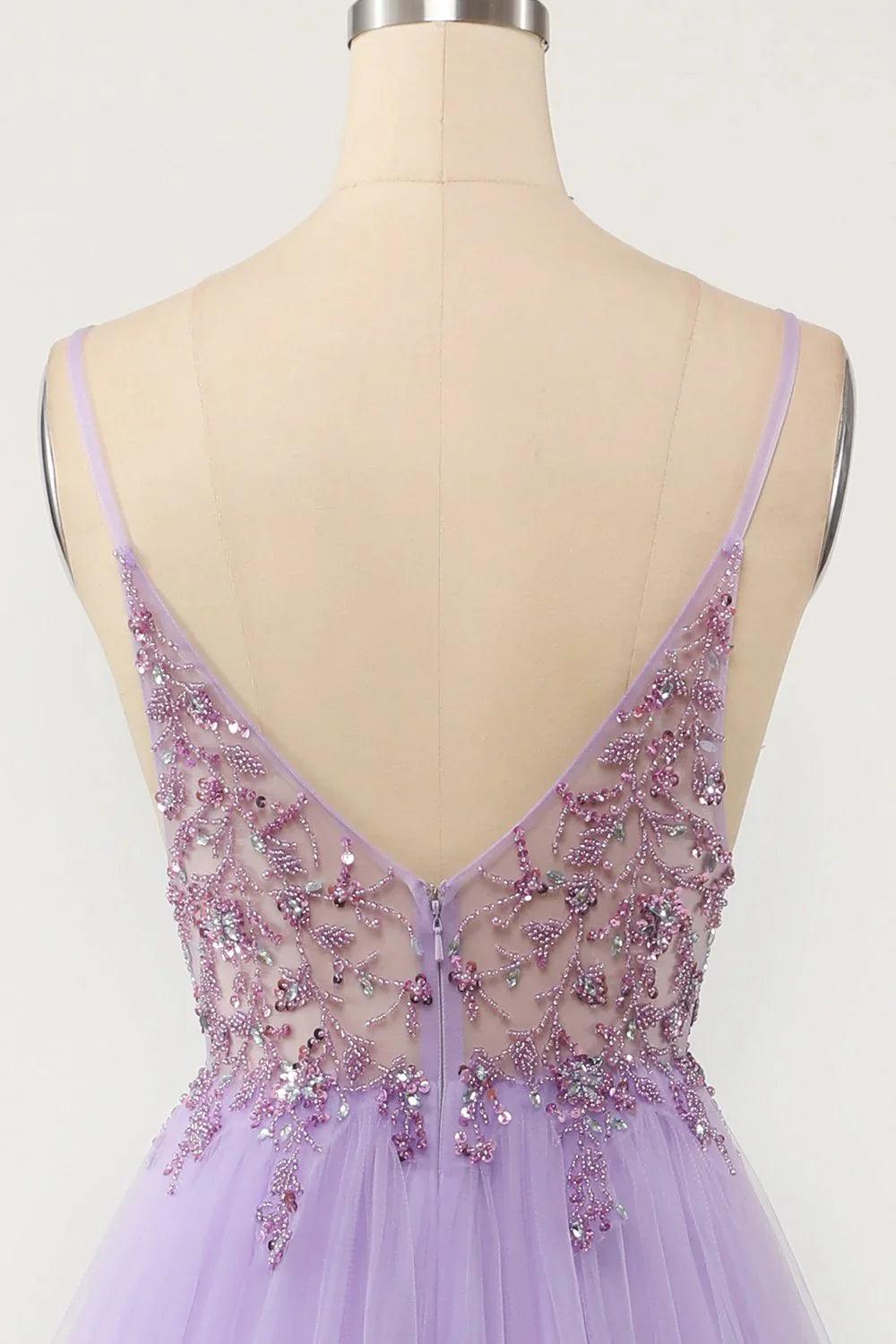 Vestidos de fiesta sexys de tul con tirantes finos, escote en V, cuentas y sin mangas