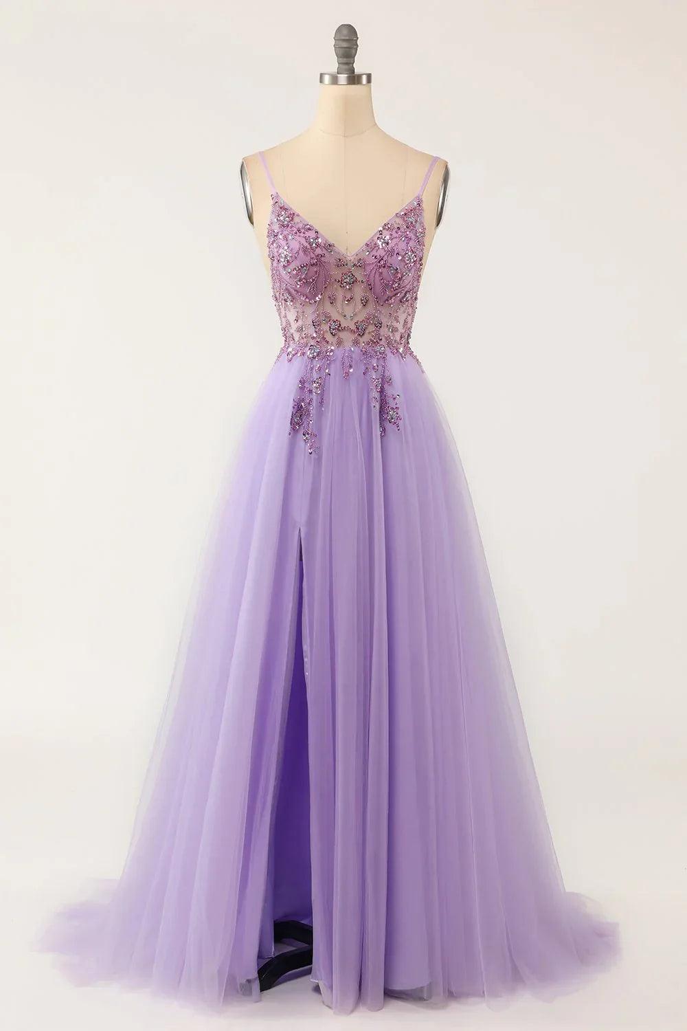 Vestidos de fiesta sexys de tul con tirantes finos, escote en V, cuentas y sin mangas