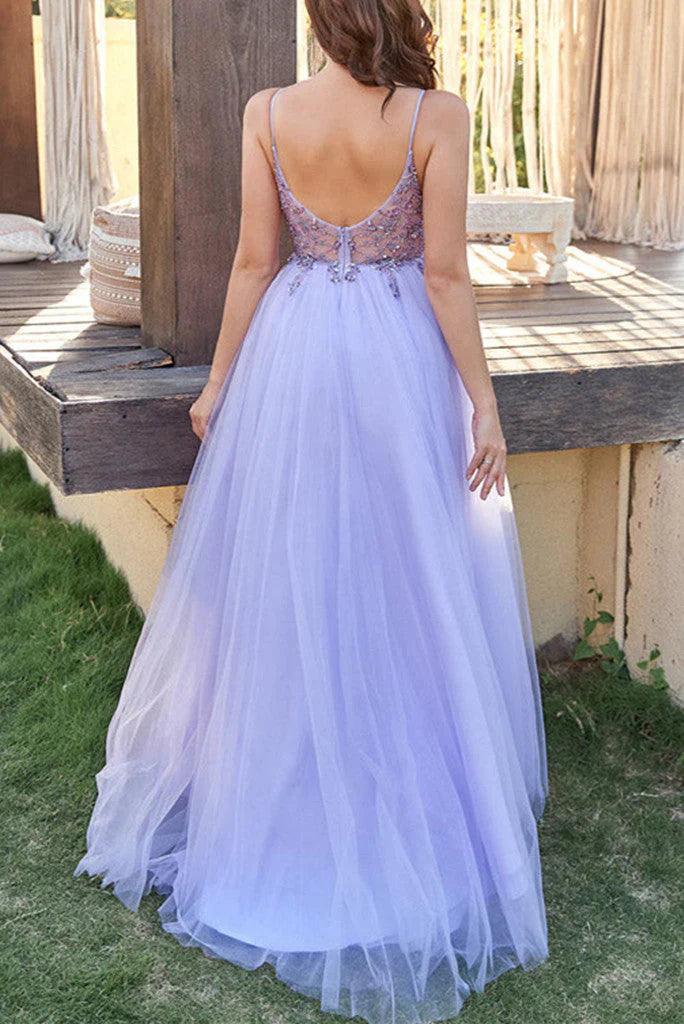 Vestidos de fiesta sexys de tul con tirantes finos, escote en V, cuentas y sin mangas