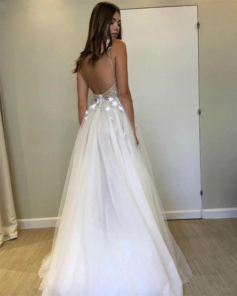 Vestidos de fiesta sexys con tirantes finos, escote en V, corte A, tul, espalda descubierta
