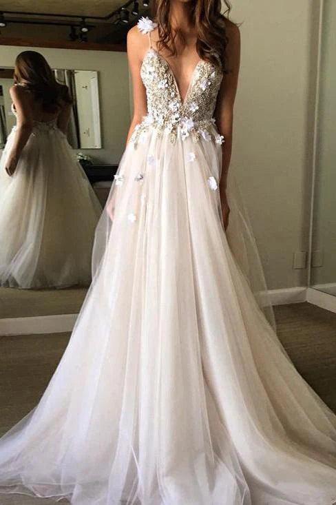 Vestidos de fiesta sexys con tirantes finos, escote en V, corte A, tul, espalda descubierta