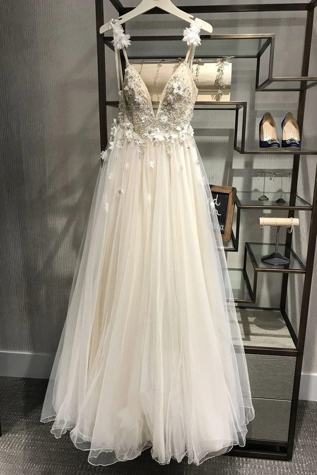 Vestidos de fiesta sexys con tirantes finos, escote en V, corte A, tul, espalda descubierta