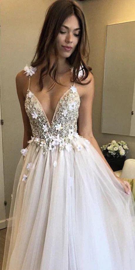 Vestidos de fiesta sexys con tirantes finos, escote en V, corte A, tul, espalda descubierta