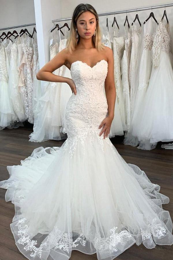 Vestido de novia NumberSea de encaje sexy con escote corazón y volantes, MW748
