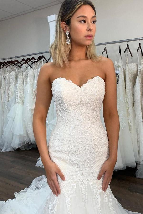 Vestido de novia NumberSea de encaje sexy con escote corazón y volantes, MW748