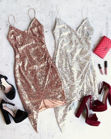 Sexy V Neck Spaghetti Straps Sequins Mini Party Homecoming Dresses