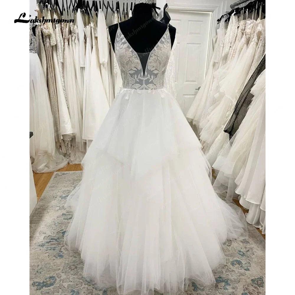 Vestido de novia NumberSea con tirantes finos, escote en V escalonado, estilo princesa, de tul, sin espalda y con cremallera 