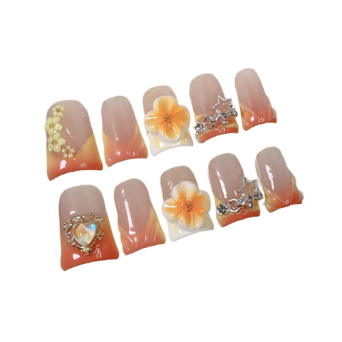 10pcs Handmade Press On Nail Gradient Vitality Orange French Style Fake Nails Y2k Star 3D Carving Flower Decor Summer False Nail