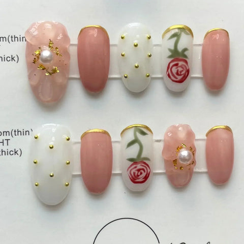 10pcs Romantic Rose Handmade Press On Nails Hand-painted Red Flower Designs False Nail Short Almond French Style Fake Nails