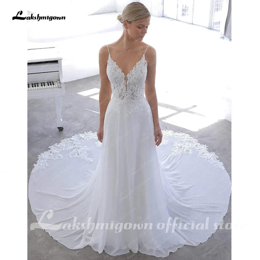 Vestido de novia bohemio de encaje vintage NumberSea 2025, cuello en V, sexy, para playa, espalda abierta 