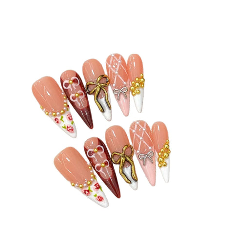 10pcs Retro Bowknots Press On Nails Glossy Pink Long Stiletto White French Style Handmade False Nails Spring Flower Fake Nail