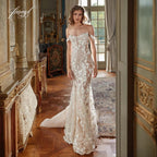 Vestido de novia elegante de Fmogl con escote barco, tirantes finos, encaje, sirena, ilusión sexy, cuentas, perlas, cola de corte, corte trompeta