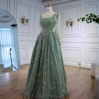 Luxuriöses salbeigrünes Abendkleid mit Perlen und langen Ärmeln