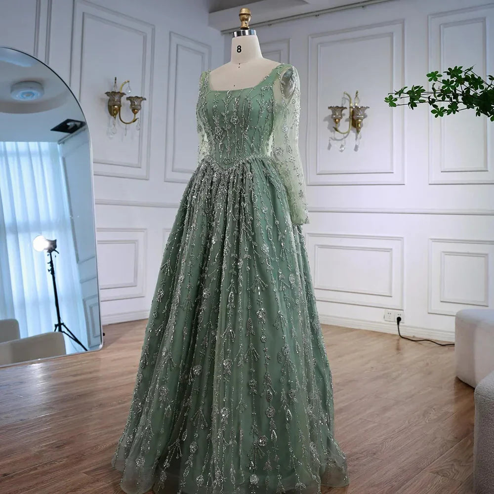 Vestido de Noche de Lujo Color Verde Salvia Bordado con Manga Larga