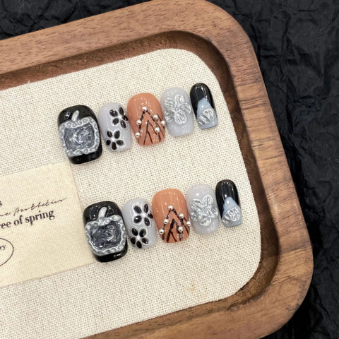 10pcs Sweet Cool Short Square False Nail Stereo Apple Alarm Clock Silver Flower Press On Nails Spicy Girl Handmade Fake Nail