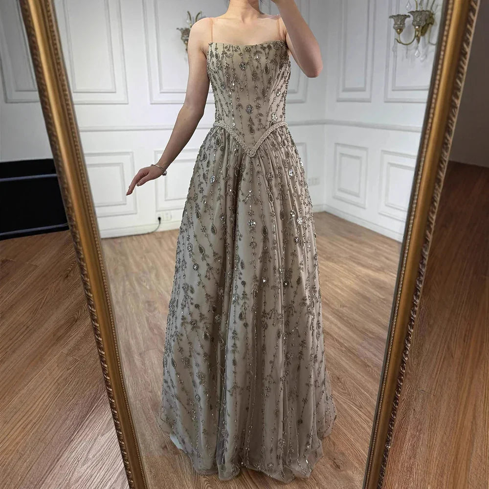 Luxury Sage Green Beaded A-Line Spaghetti Strap Evening Dress