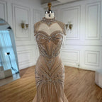 Vestido de Noche Sirena con Cuentas Color Nude de Lujo y Cuello Alto LA72897