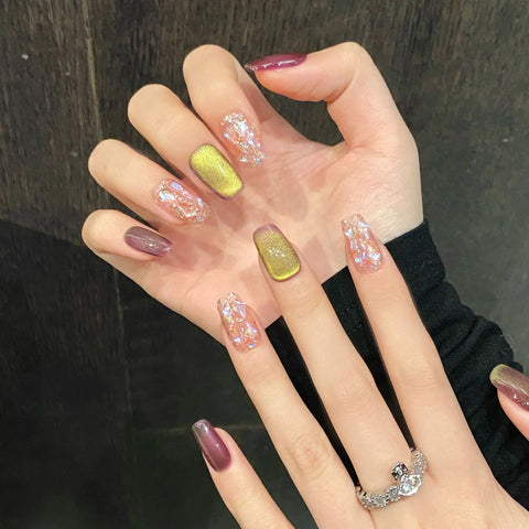 10 Stück neue zweifarbige Press-On-Nägel, handgefertigt, glänzende Glasperlen, Katzenauge, künstliche Nägel, glänzende Pailletten-Designs, DIY-Gefälschte Nagelspitzen 