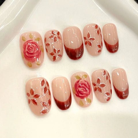 10pcs Romantic Rose Handmade Press On Nails Hand-painted Red Flower Designs False Nail Short Almond French Style Fake Nails