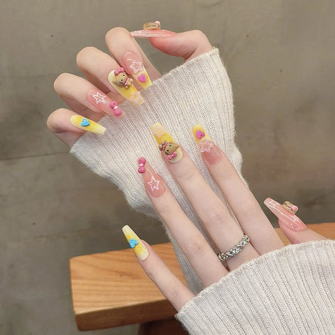 10pcs Handmade Press On Nails Pink Yellow French Style Long Coffin False Nails 3D Cute Cat Bowknots Decor Fake Nail Manicure Art