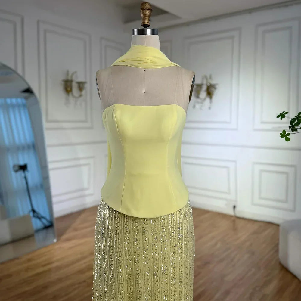 Vestido de noche de sirena de chifón amarillo de lujo con capa LA73007