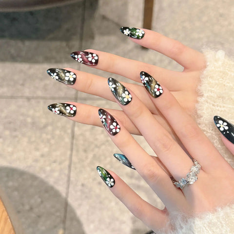 10pcs Colorful Painting Flower False Nails Handmade Aurora Black Press On Nails Detachable Almond Fake Nail Tips For Cool Girls