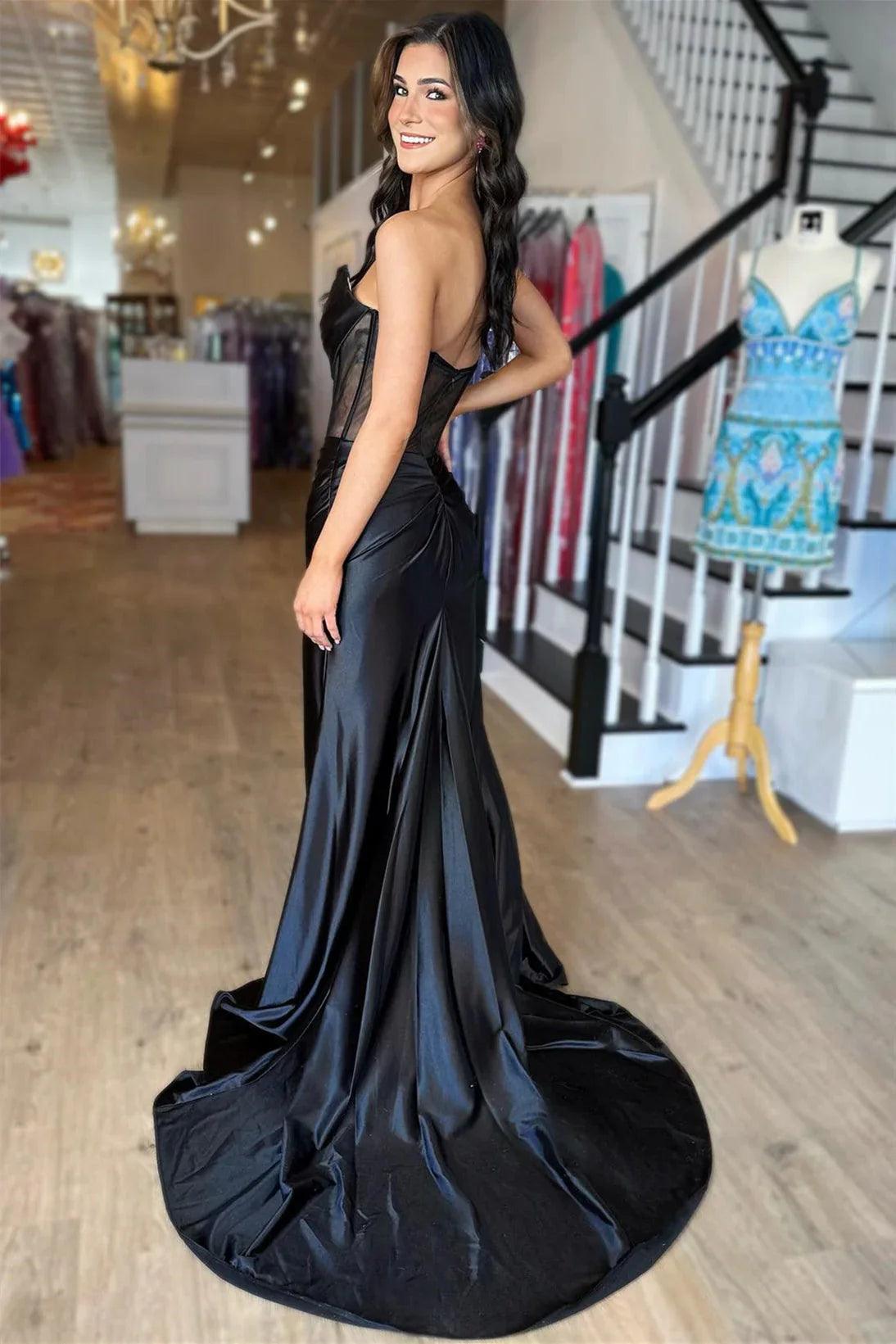 Vestido de fiesta tubo de satén sin tirantes plisado largo con abertura
