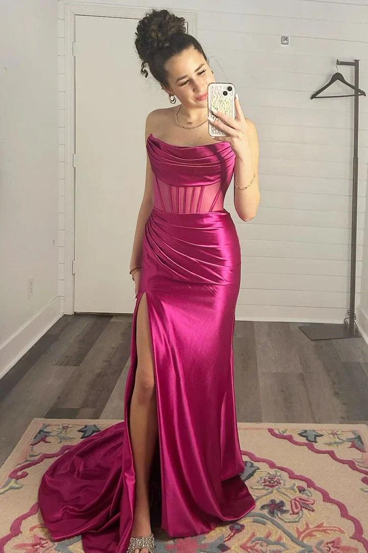 Vestido de fiesta tubo de satén sin tirantes plisado largo con abertura