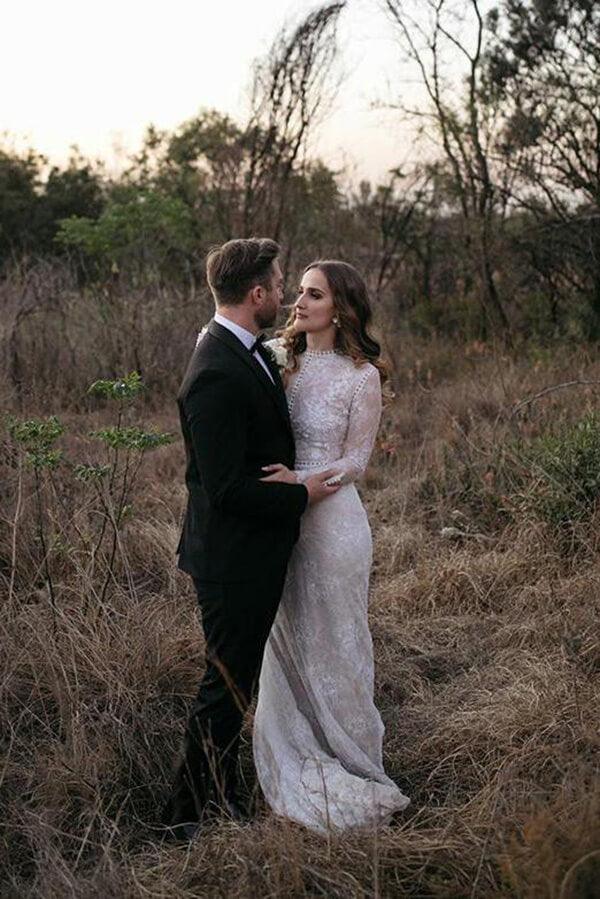NumberSea Sheath Lace Long Sleeves Beaded Wedding Dresses, Vintage Bridal Gown
