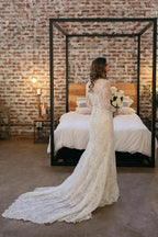 NumberSea Sheath Lace Long Sleeves Beaded Wedding Dresses, Vintage Bridal Gown