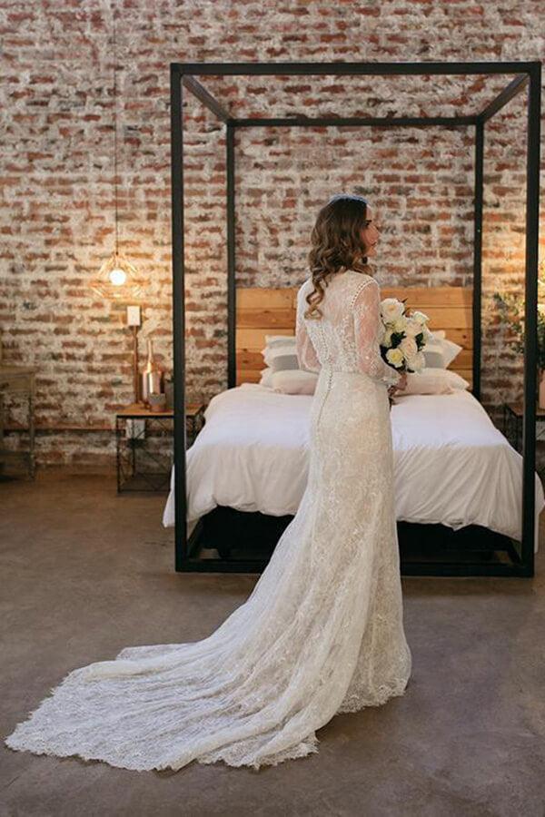 Vestido de novia NumberSea con encaje, mangas largas y cuentas, estilo vintage, MW813