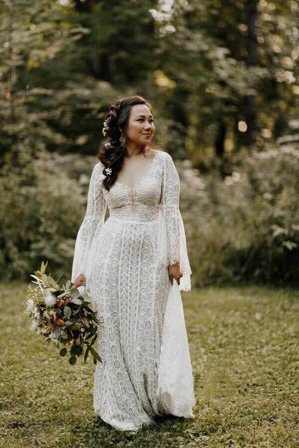Vestido de novia NumberSea con mangas largas, espalda con cordones y corte entallado, MW741