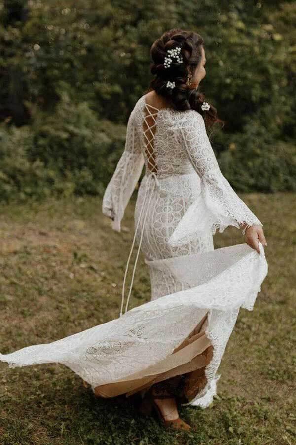 Vestido de novia NumberSea con mangas largas, espalda con cordones y corte entallado, MW741
