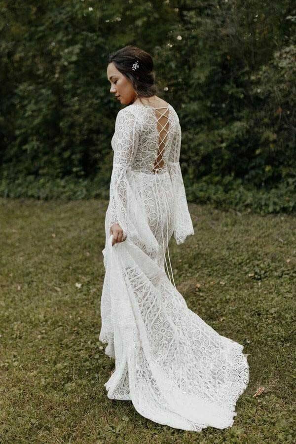 Vestido de novia NumberSea con mangas largas, espalda con cordones y corte entallado, MW741