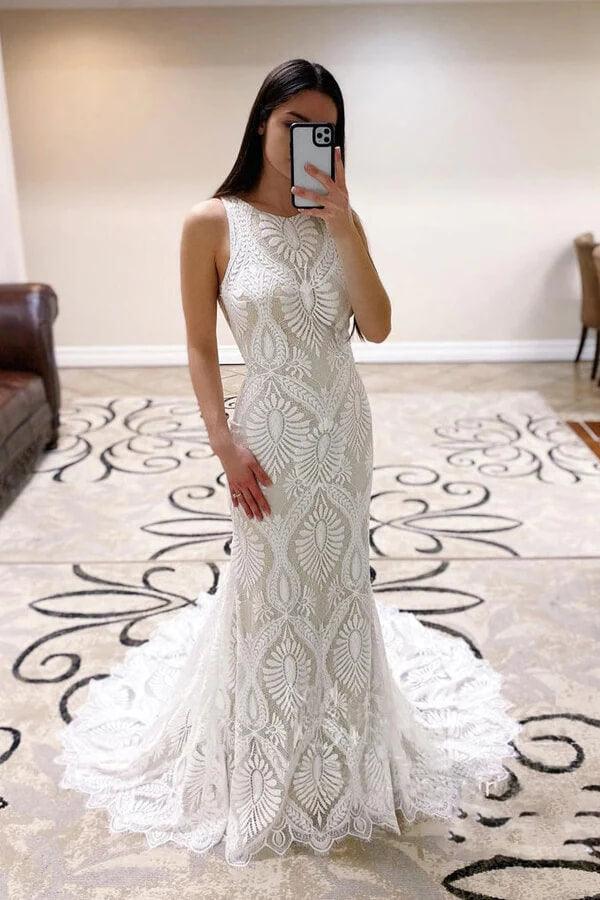 Vestidos de novia NumberSea con escote en V y espalda descubierta, de encaje y cola de corte, MW738