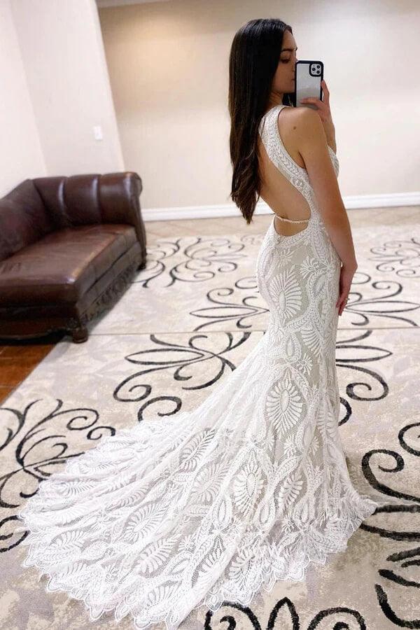 Vestidos de novia NumberSea con escote en V y espalda descubierta, de encaje y cola de corte, MW738