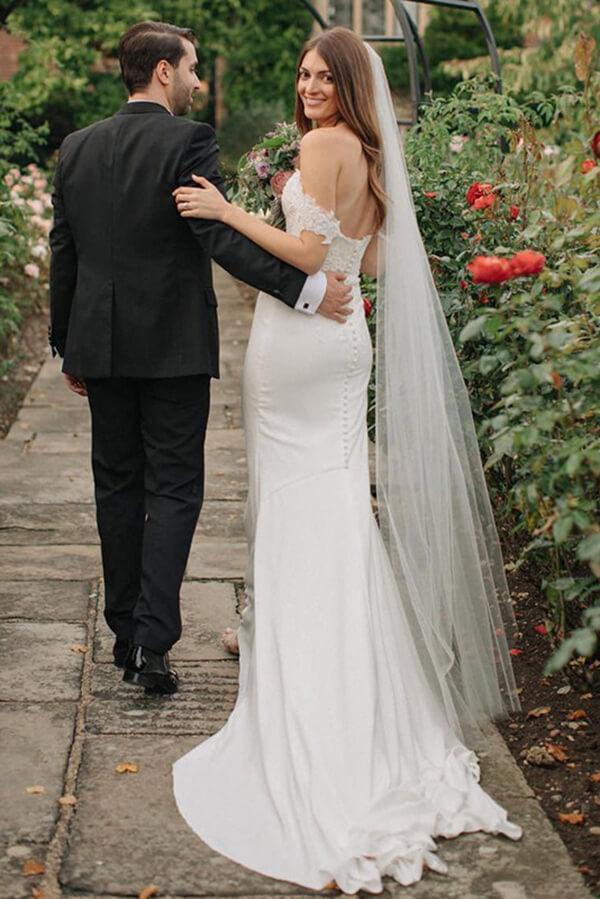 Vestido de novia NumberSea con escote en V, encaje satinado y hombros descubiertos, con cola larga, MW745
