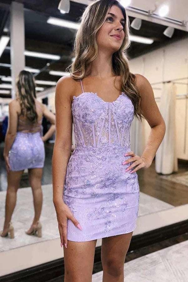 Sheath Spaghetti Straps Lace Appliques Tight Homecoming Dresses PD500