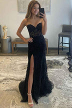 Vestido de fiesta largo con corsé negro, sin tirantes y encaje, con abertura
