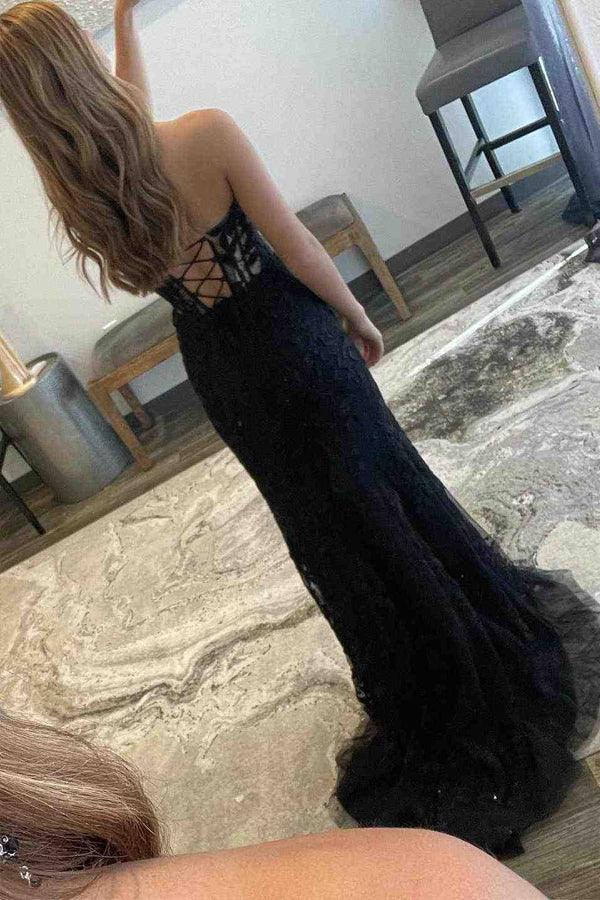 Vestido de fiesta largo con corsé negro, sin tirantes y encaje, con abertura
