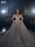 Vestido de novia elegante con cuello redondo brillante y cuentas con cola desmontable, vestidos de novia de lujo hasta el suelo. 